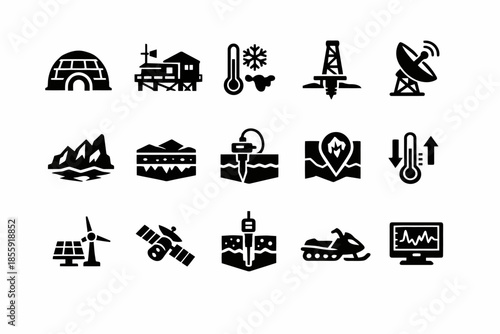 Climate and energy icon set featuring weather, renewable energy, and communication symbols