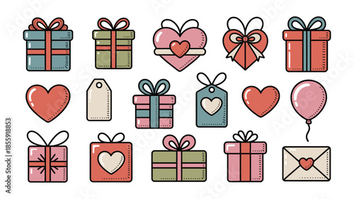 Gift Collection: A vibrant array of beautifully illustrated gift boxes and heart-shaped tokens, ideal for conveying feelings of love, appreciation, and festivity.
