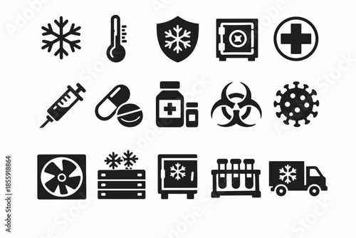 Medical and safety icons: syringe, pills, biohazard, snowflake, safe