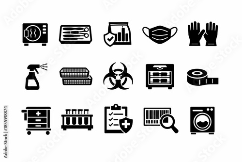 Black and white medical icons: masks, gloves, biohazard, equipment, cleaning supplies