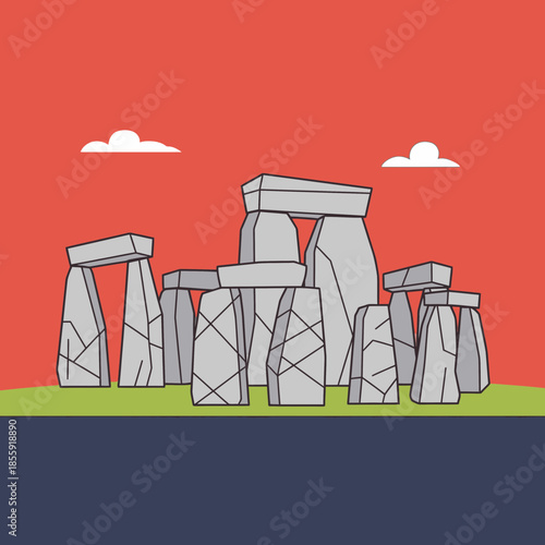 Stone monument with clouds and grassy ground.