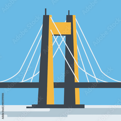 Stylized suspension bridge with yellow and grey towers and white cables.