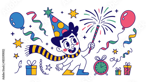 New Year's Eve: Joyful Child's Celebration: A delightful illustration of a young child's celebratory moment, filled with joy, fireworks, balloons, gifts and the spirit of festivity. 