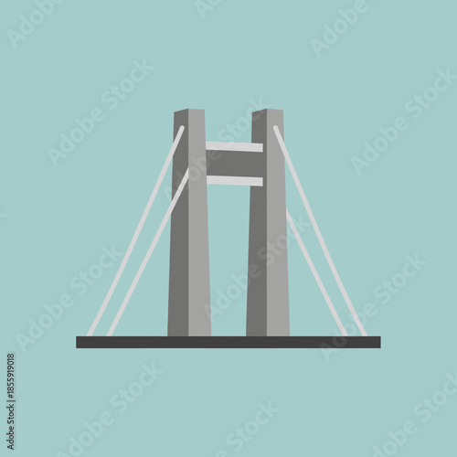 Suspension bridge with two towers and cables.