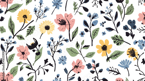 Vector Template Wildflower fabric motif pattern with flat design featuring stylized illustrations of blooming flowers and green leaves in a repeating