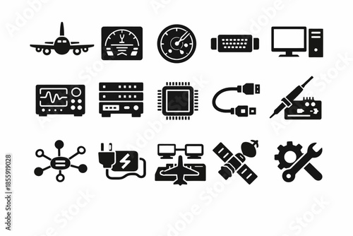 Set of technology and engineering icons: electronics, aviation, tools, and devices
