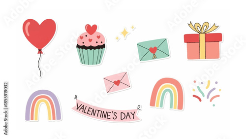 Valentine's Day Collection: An assortment of endearing items symbolizes the spirit of love and affection. Featuring a heart-shaped balloon, a delightful cupcake, romantic letters, a lovely gift box.