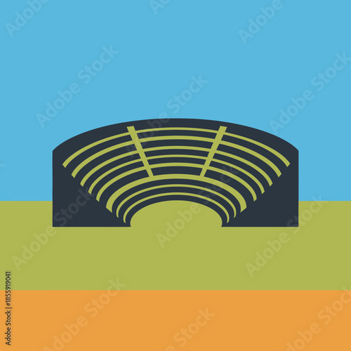 Stylized amphitheater with tiered seating and arched entrance.