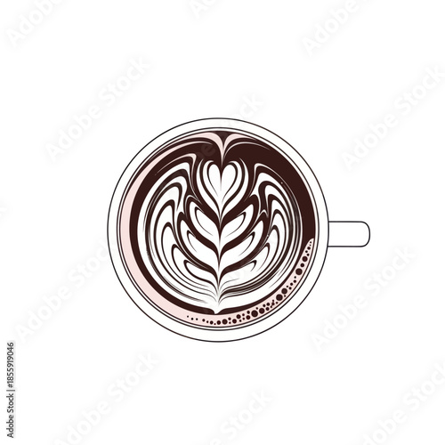 Creative top view of coffee latte with intricate frothy heart and leaf design in a white mug