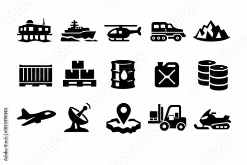 Collection of transportation and industrial icons including vehicles and equipment