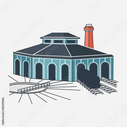 Train shed with turntable and chimney, railway tracks.