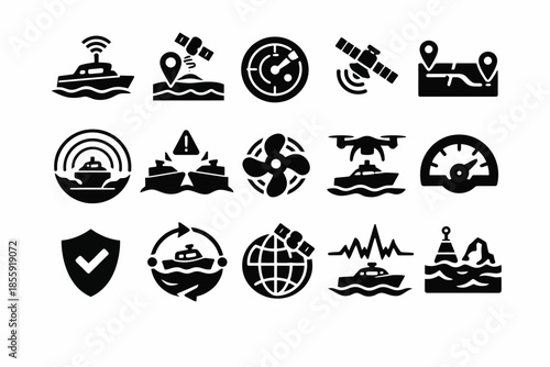 Navigation and maritime icons: satellite, boat, map, radar, drone, location symbols