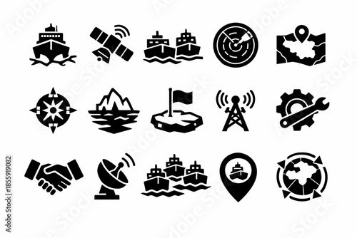 Maritime navigation and communication icon set for global shipping