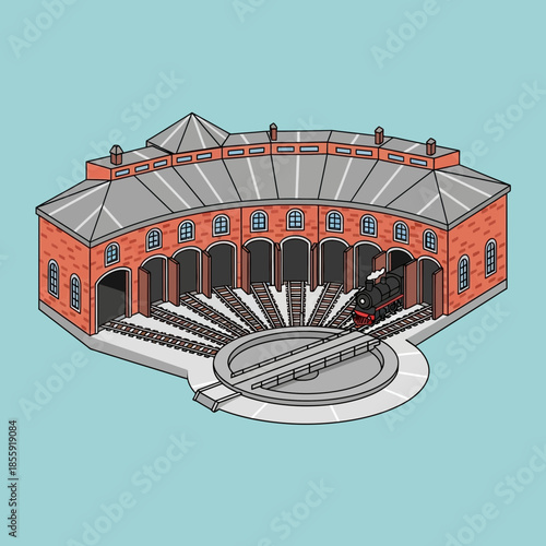 Train shed with turntable and steam locomotive.