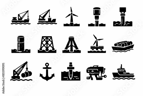 Silhouette icons of offshore oil rigs, wind turbines, and maritime equipment