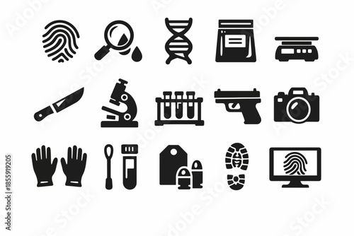 Forensic investigation icons: crime, evidence, and laboratory tools collection