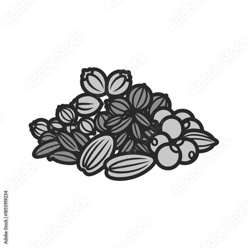 Illustration of a variety of seeds and nuts in a monochrome style suitable for culinary or