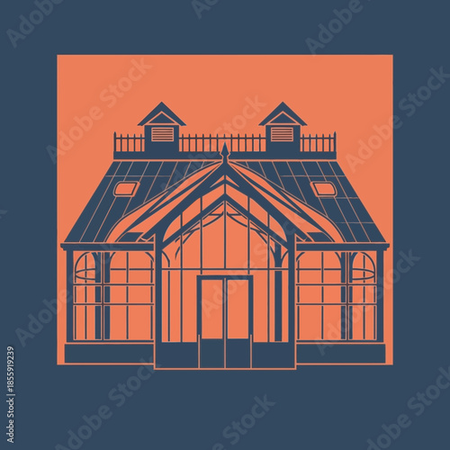 Stylized illustration of a Victorian greenhouse with glass panes and double doors.