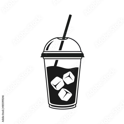 Simplistic black and white illustration of a disposable cup with a straw and ice cubes