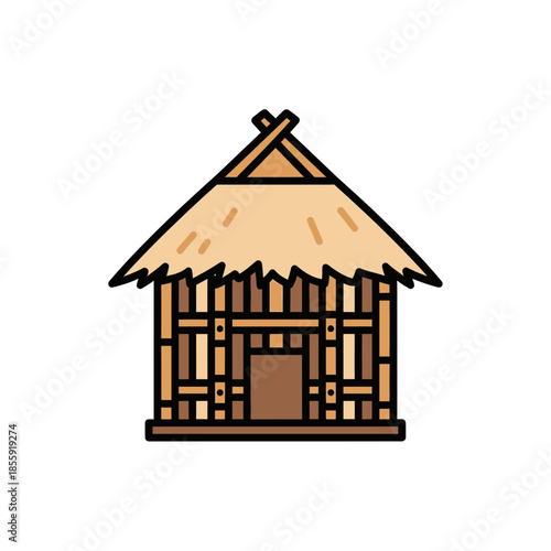 Small wooden hut with thatched roof and open doorway.