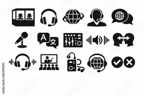 Icon set featuring translation tools, communication, and audio equipment