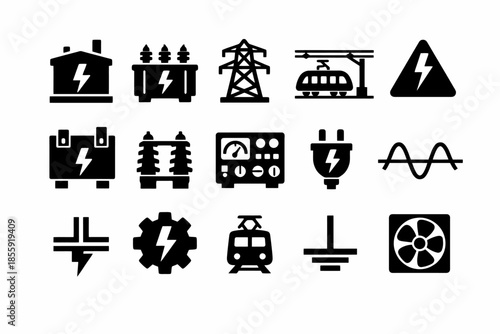 Electricity and power icons – transformers, trains, plugs, fans, and circuits