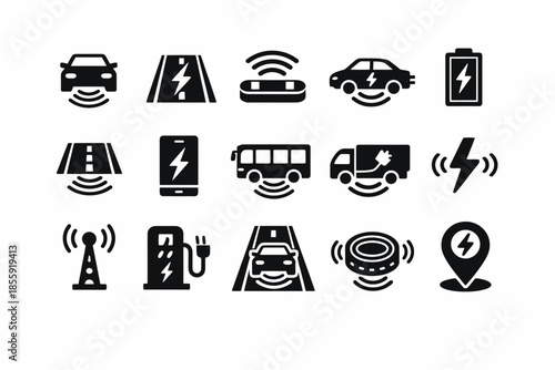 Electric vehicle and charging icons set: cars, roads, charging, energy, wireless