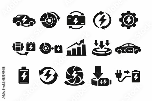 Electric vehicle symbols and icons set: battery, charging, and performance indicators