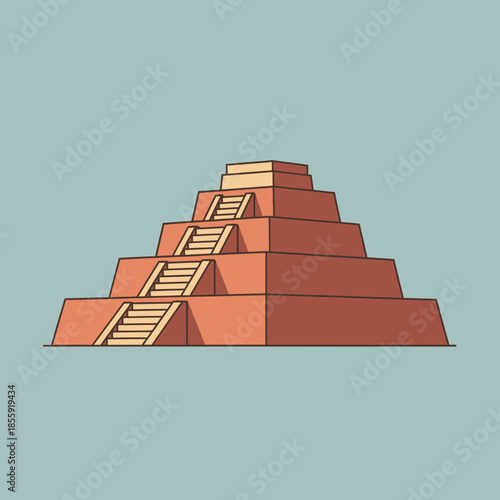 Terracotta stepped pyramid with stairs and dark outlines.