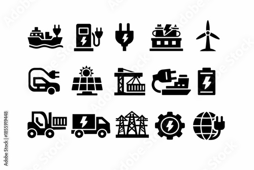Renewable energy and electric transportation icons set