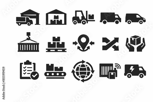 Logistics and warehouse icons set featuring transport and delivery symbols