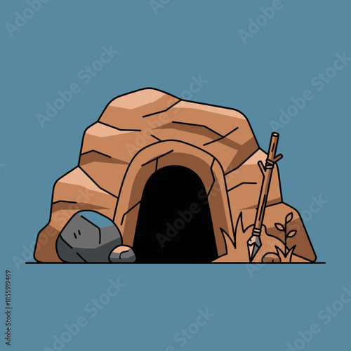 Cave entrance with rock, spear, and plants.