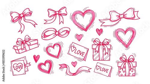 Love Elements: A collection of hand-drawn illustrations features delicate bows, gift boxes, and hearts, perfect for conveying themes of love and celebration.