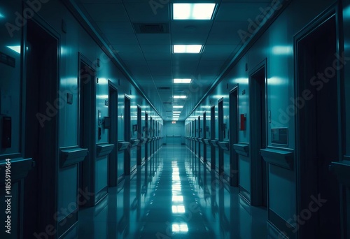 Long, dimly lit hospital corridor, sterile and echoing,   dark room,  scary