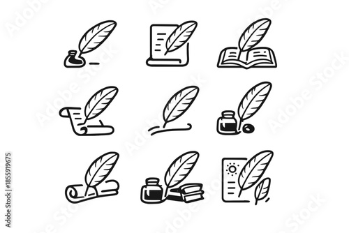 Feather Pen and Ink Icons Set