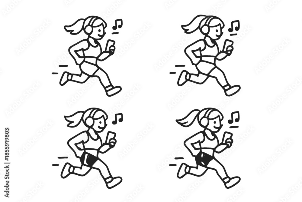 Fototapeta premium Cartoon woman running with headphones and phone