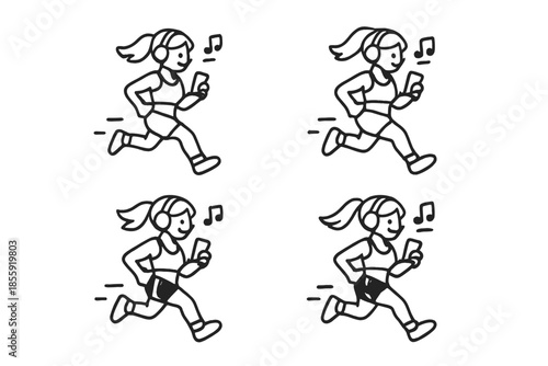 Cartoon woman running with headphones and phone