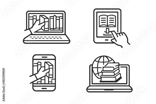 Set of four icons representing digital library and e-learning concepts