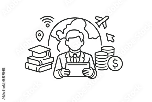 Business man with tablet and global business icons