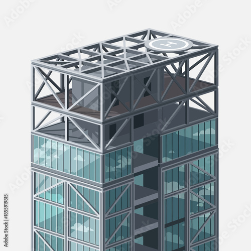 Modern skyscraper with glass facade and helipad on top.