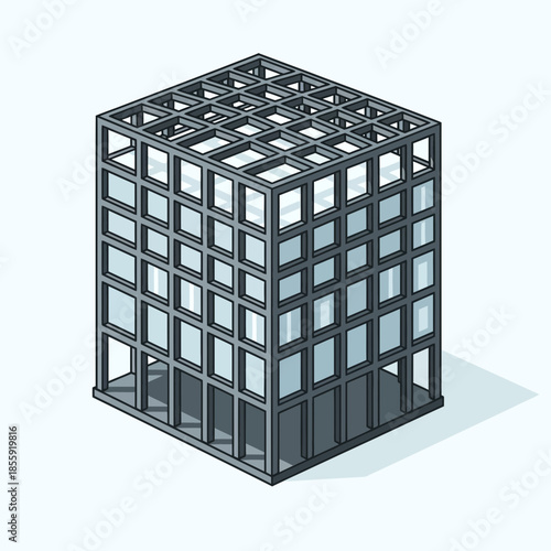 Isometric view of a modern building with glass windows and metal frame.