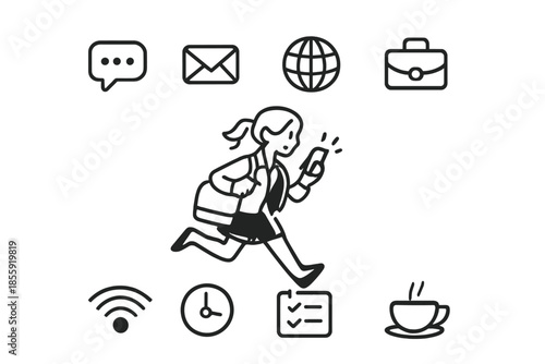 Running woman with phone surrounded by icons