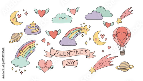 Valentine's Day Elements: A collection of whimsical illustrations featuring hearts, stars, rainbows, and celestial bodies. These delightful elements evoke a sense of playfulness and celebration.