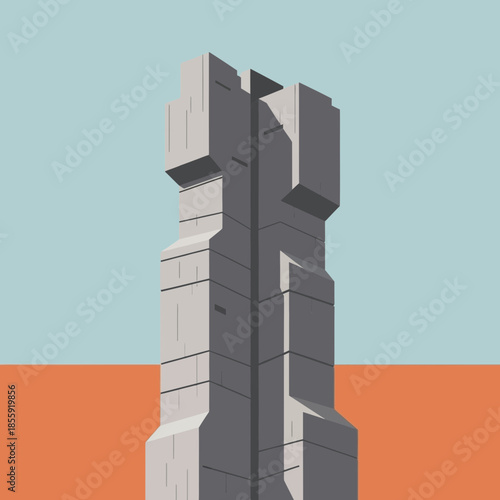 Geometric concrete tower with angular protrusions and shadows.