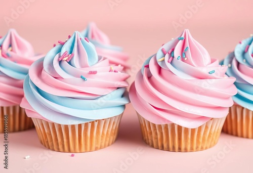 Pastel pink and blue cupcake frosting swirls with sprinkles on a light background,  blue,  design
