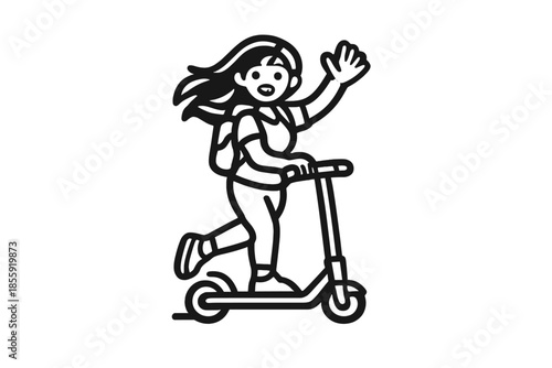 Cartoon girl riding a scooter and waving