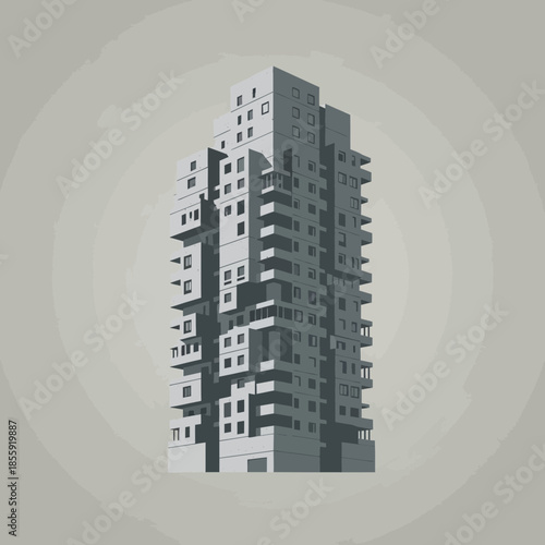 Abstract building with modular units and balconies.