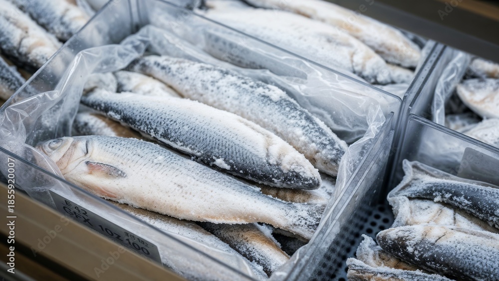 Obraz premium Frozen fish in clear packaging displayed in retail store freezer