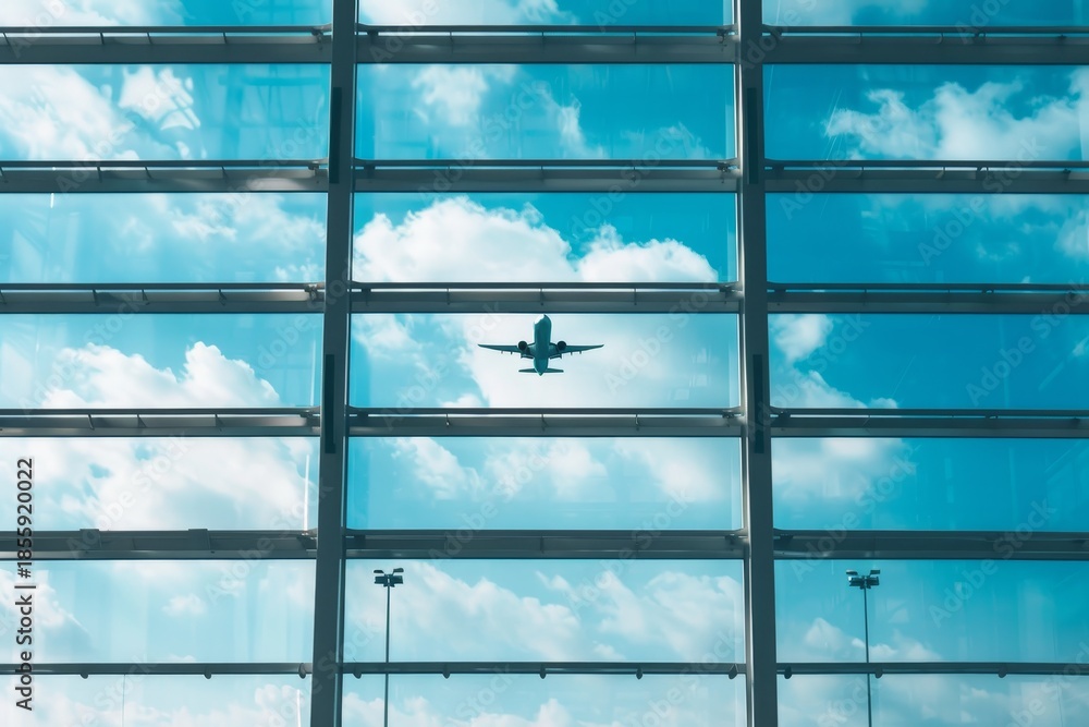 Obraz premium vibrant blue sky sets the scene for a plane taking off from the terminal.