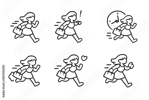 Woman Running with Handbag and Different Emoticons
